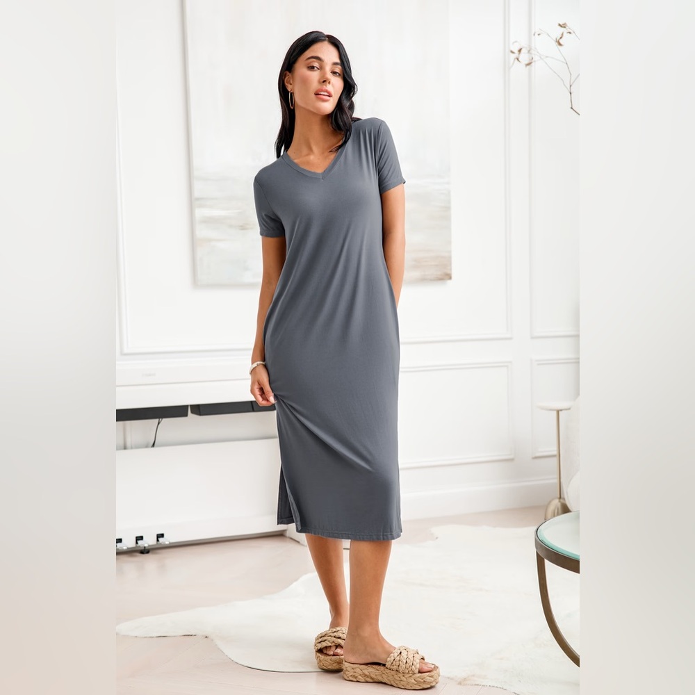 Grey Short Sleeve V-neck Midi Jersey Dress size XL